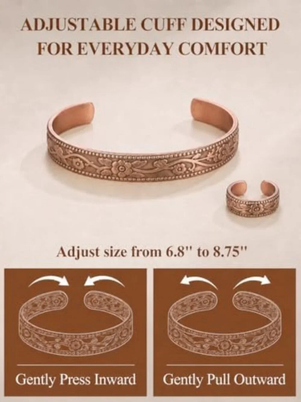 Handmade Solid Copper Bracelet & Ring Set - Uncoated Hammered Cuff for Men